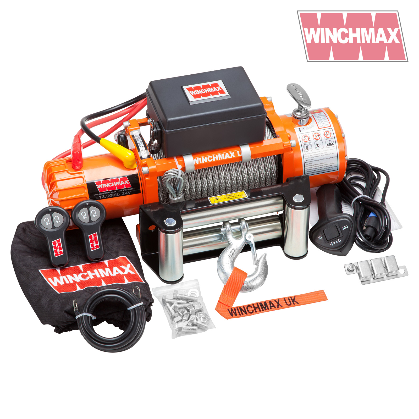 13,500lb (6,123kg) Original Orange 24v Electric Winch. 26m x 9.5mm Steel  Rope, Flat Bed Mounting Plate. - Winchmax