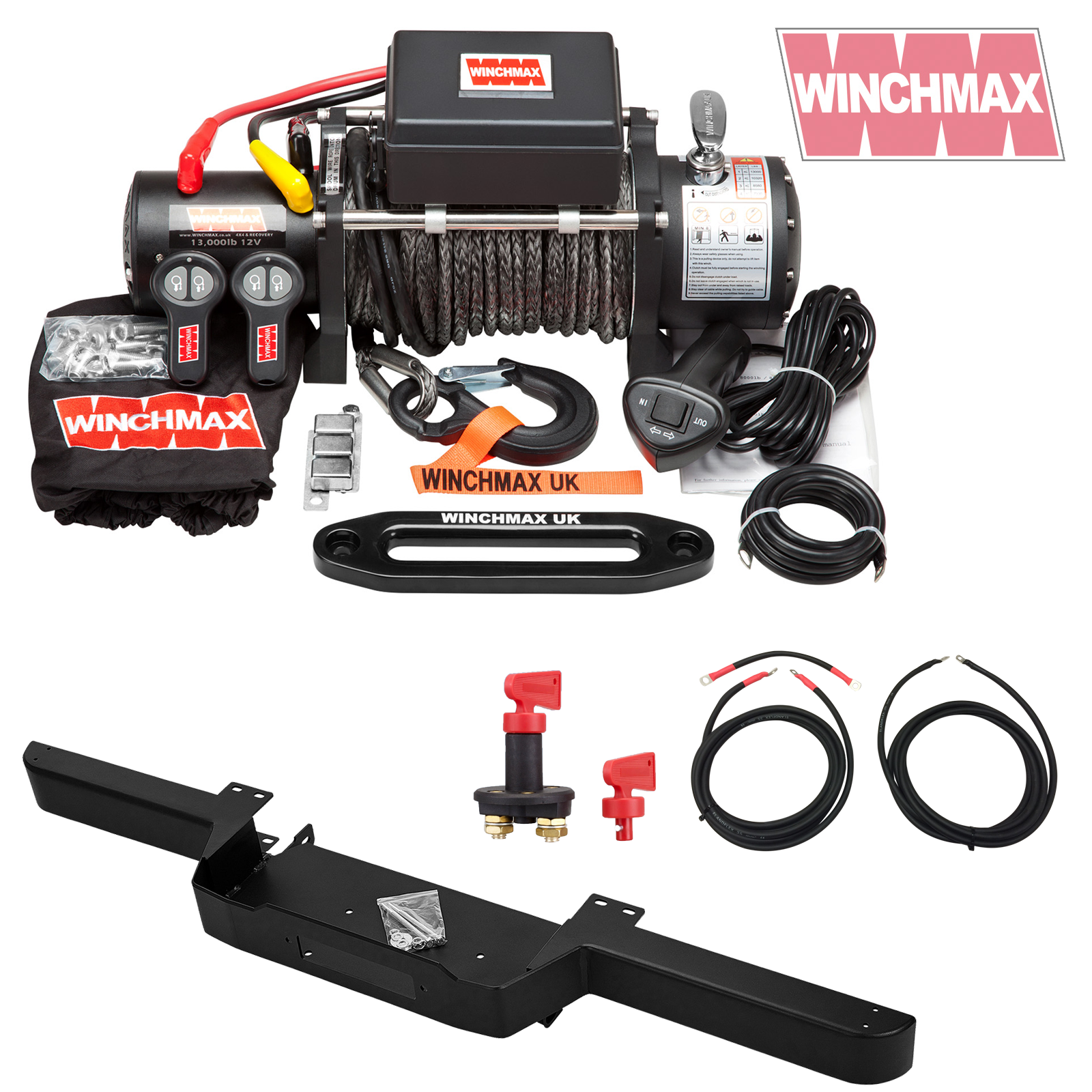 Winchmax 13500lb 12v Military Grade Winch. Dyneema Rope. Defender Bumper Mount. Wiring Kit and Isolator