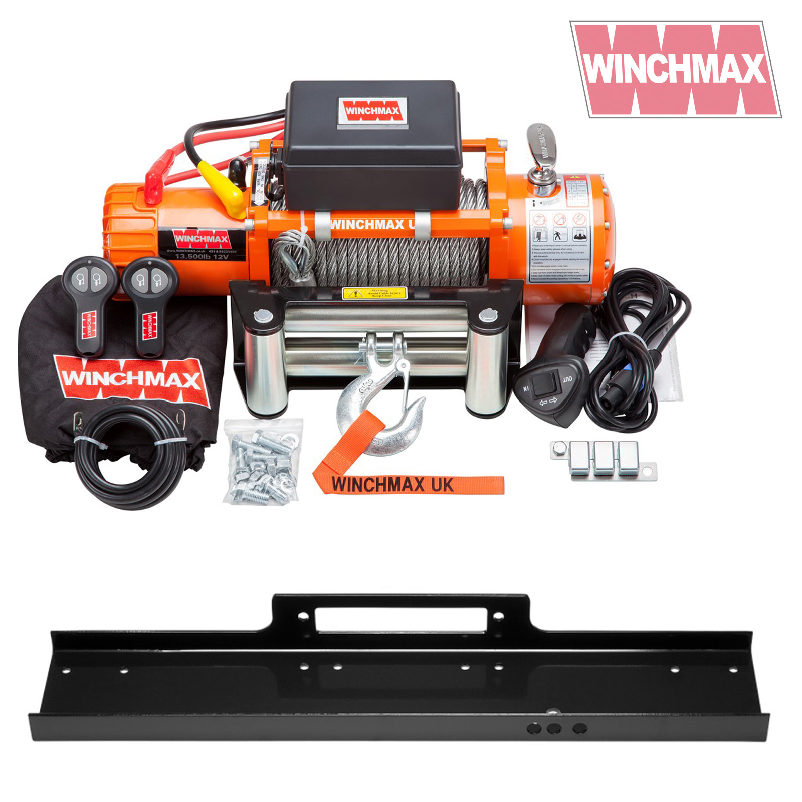 Winchmax 13500lb 12v Winch. Steel Rope. Flat Bed Mounting Plate. Twin Remote Controls