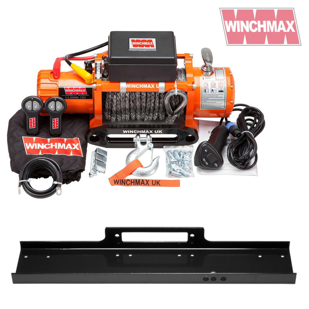 Winchmax 13500lb 12v Winch. Dyneema Rope. Flat Bed Mounting Plate