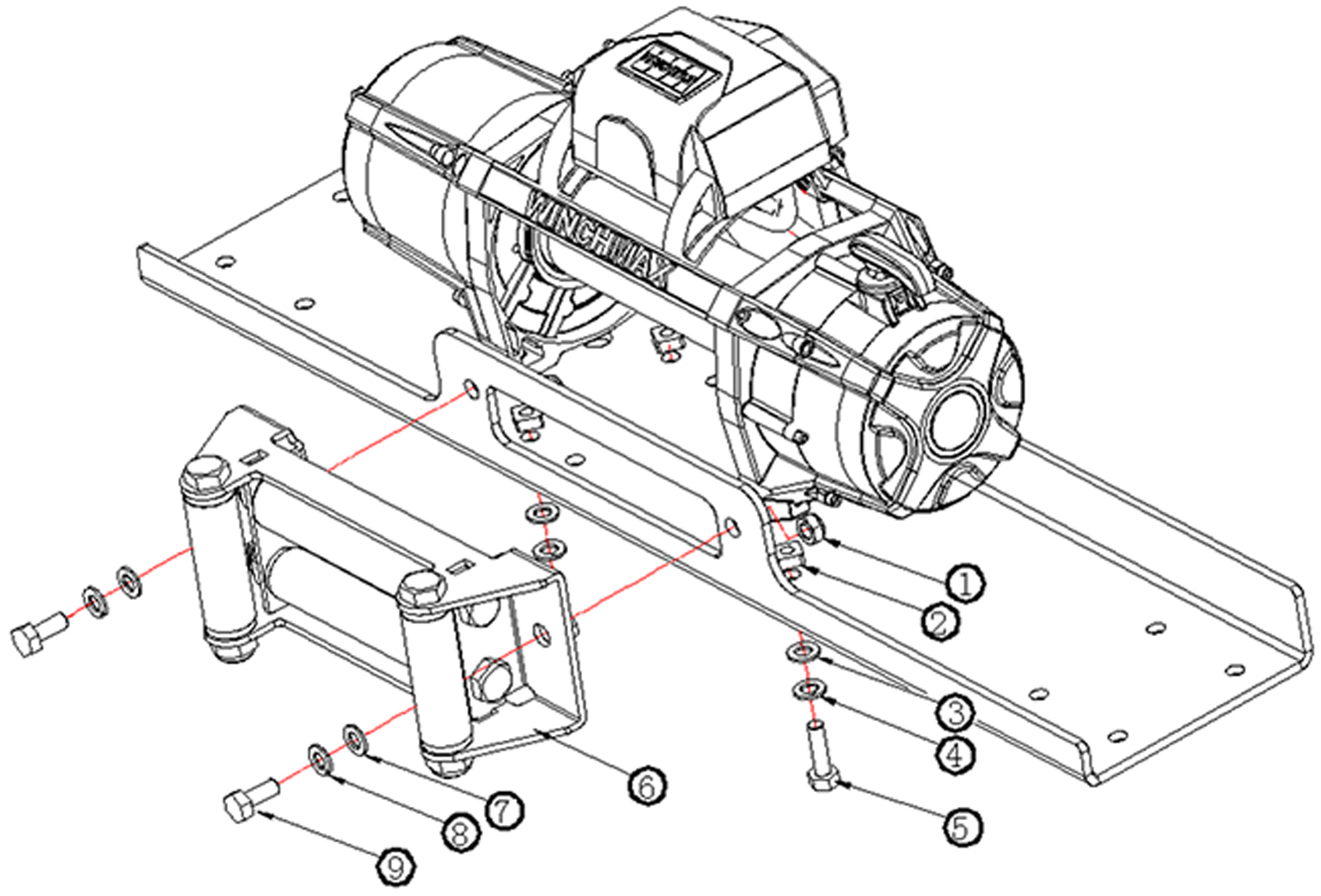 Winchmax winch, mounting plate and fairlead diagram